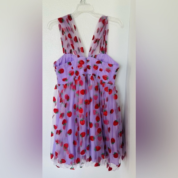 UNIQUE VINTAGE LAVENDER & RED GLITTER STRAWBERRY PRINT BABYDOLL DRESS size large - Picture 4 of 7